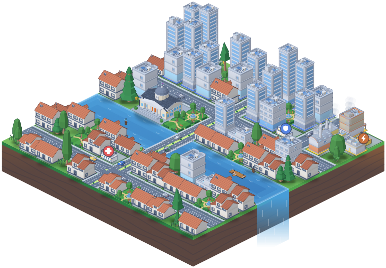 A floating island city: red-roofed homes, a Town Hall and parks along a river, with office towers behind and a waterfall off the edge